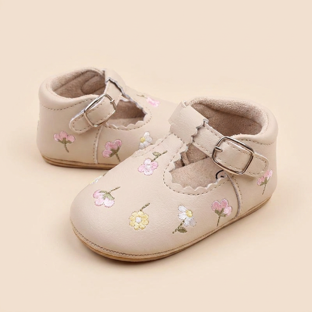 Floral Embroidered T-Strap Shoes