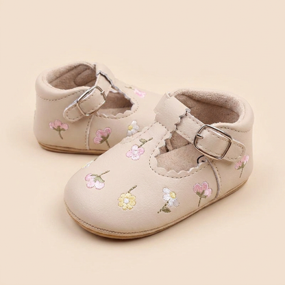 Floral Embroidered T-Strap Shoes