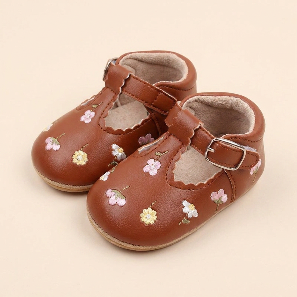 Floral Embroidered T-Strap Shoes