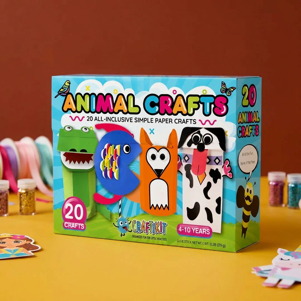 Kids Paper Crafts Box – 20 Easy DIY Arts & Crafts Projects for Ages 3–10 with Glue Stick, Tape & Envelopes