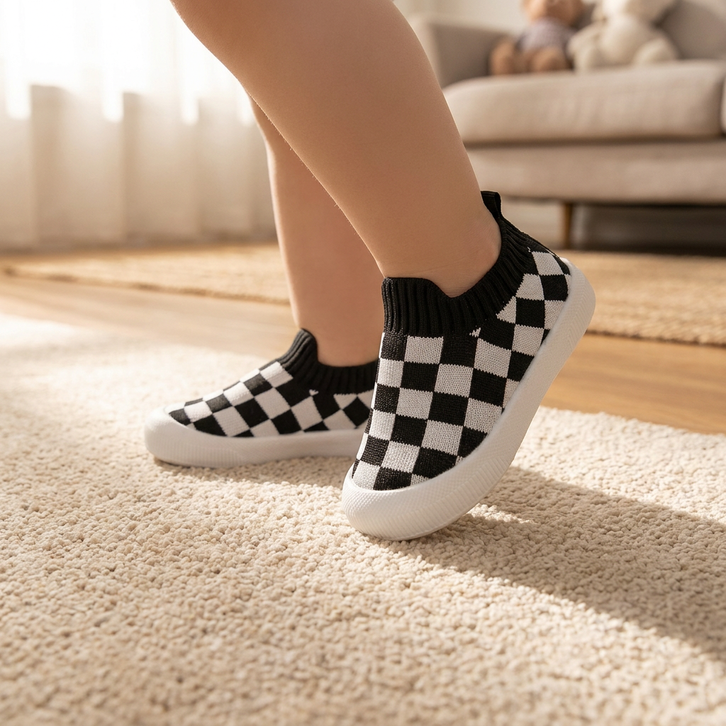 Checkered Lightweight Baby Walking Shoes with Soft, Non-Slip Soles