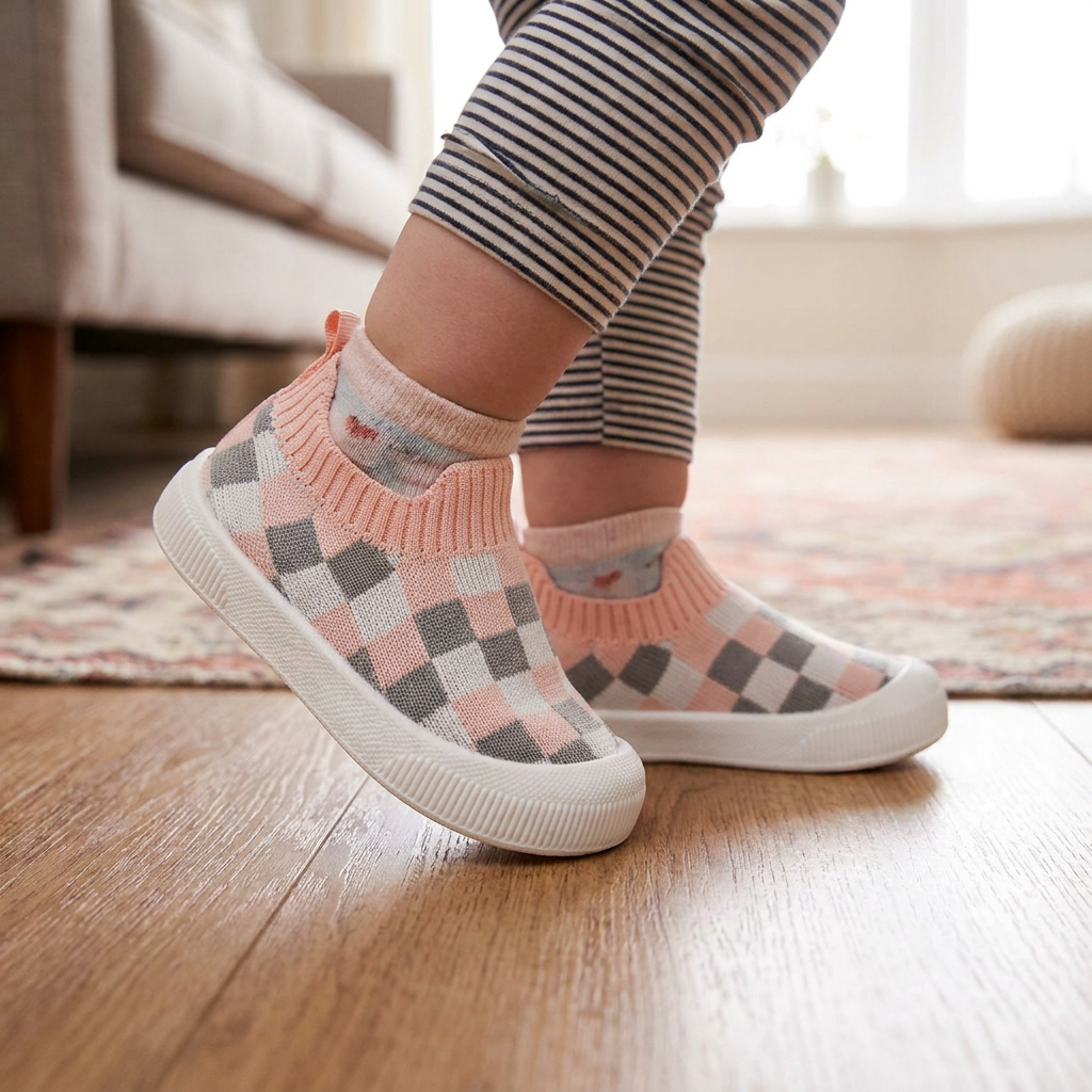 Checkered Lightweight Baby Walking Shoes with Soft, Non-Slip Soles