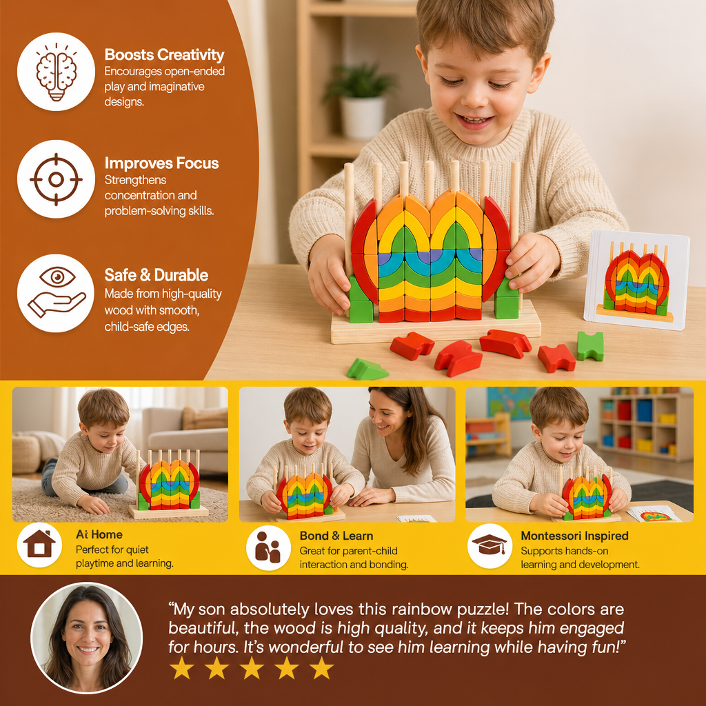 Montessori Wooden Rainbow Stacking & Matching Puzzle