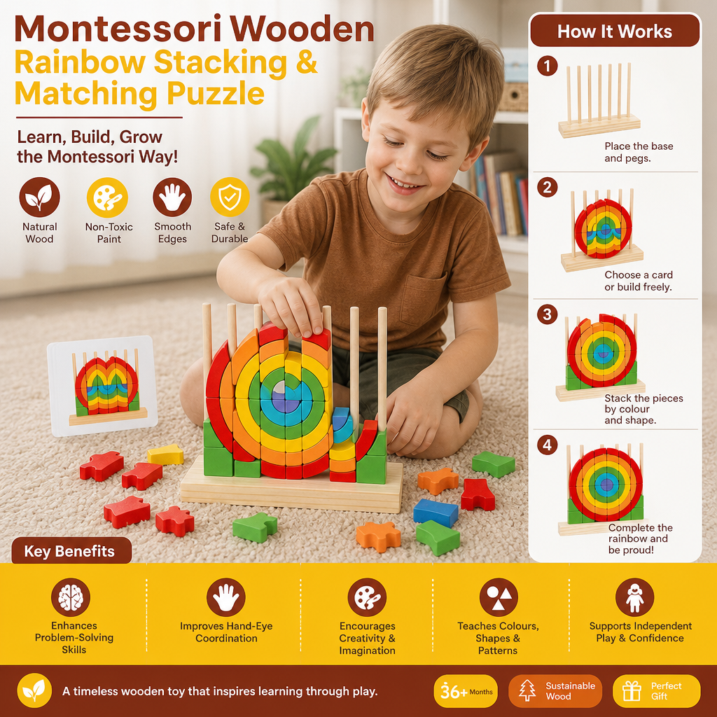 Montessori Wooden Rainbow Stacking & Matching Puzzle