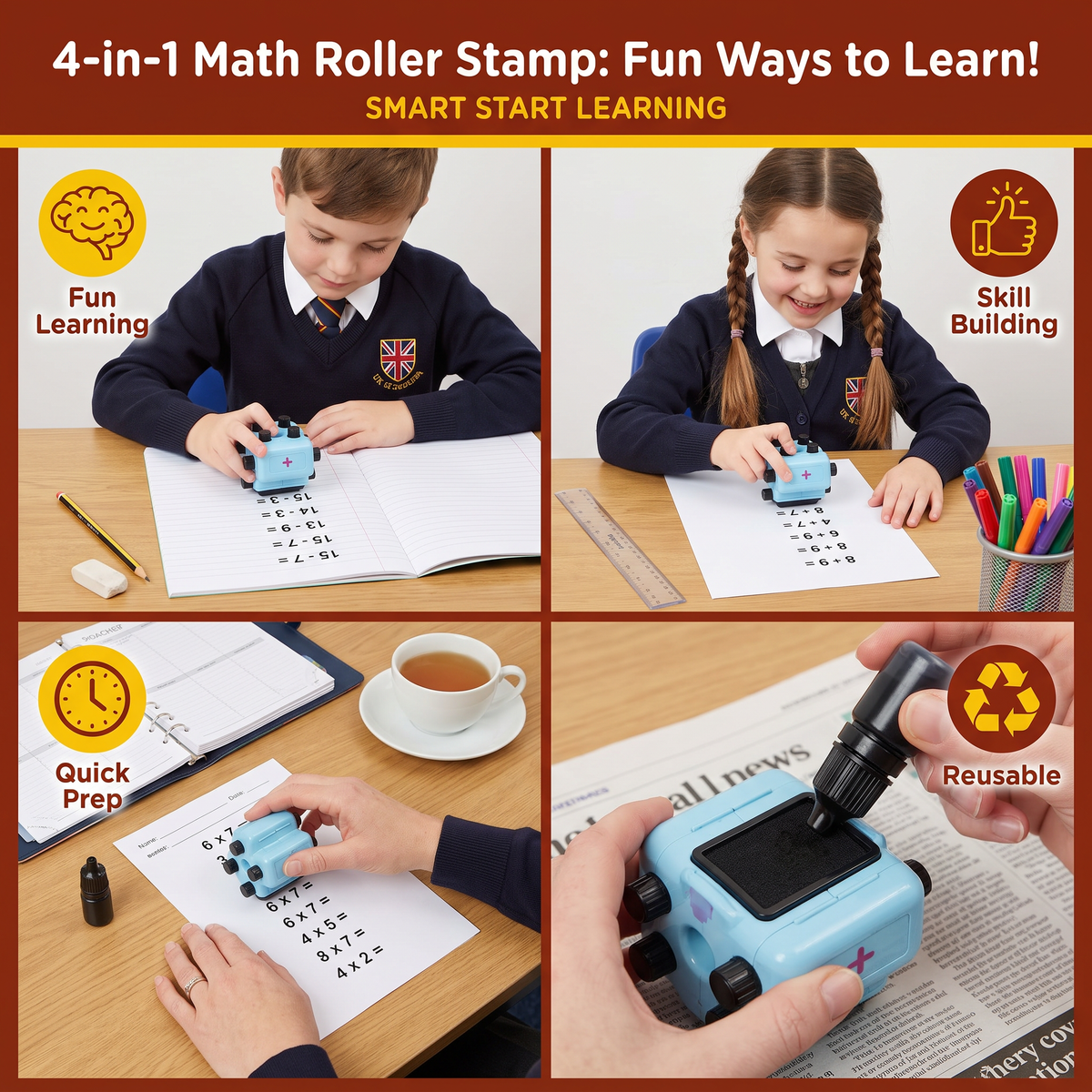 4-in-1 Math Roller Stamp – Addition, Subtraction, Multiplication & Division Practice