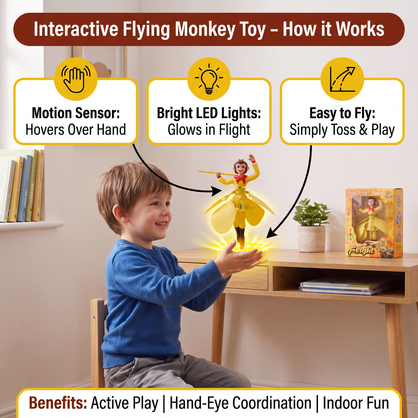 Interactive Flying Monkey Toy with Motion Sensor & LED Lights