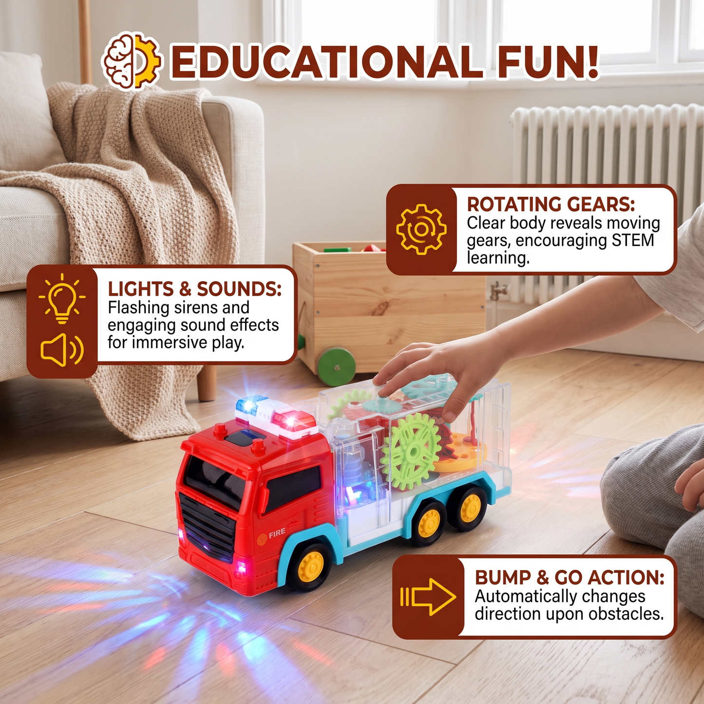 Interactive Gear Fire Truck Toy with Lights