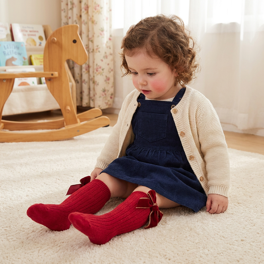 Baby Girls’ Christmas Knee-High Socks with Velvet Bows