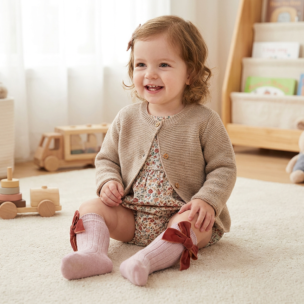 Baby Girls’ Christmas Knee-High Socks with Velvet Bows