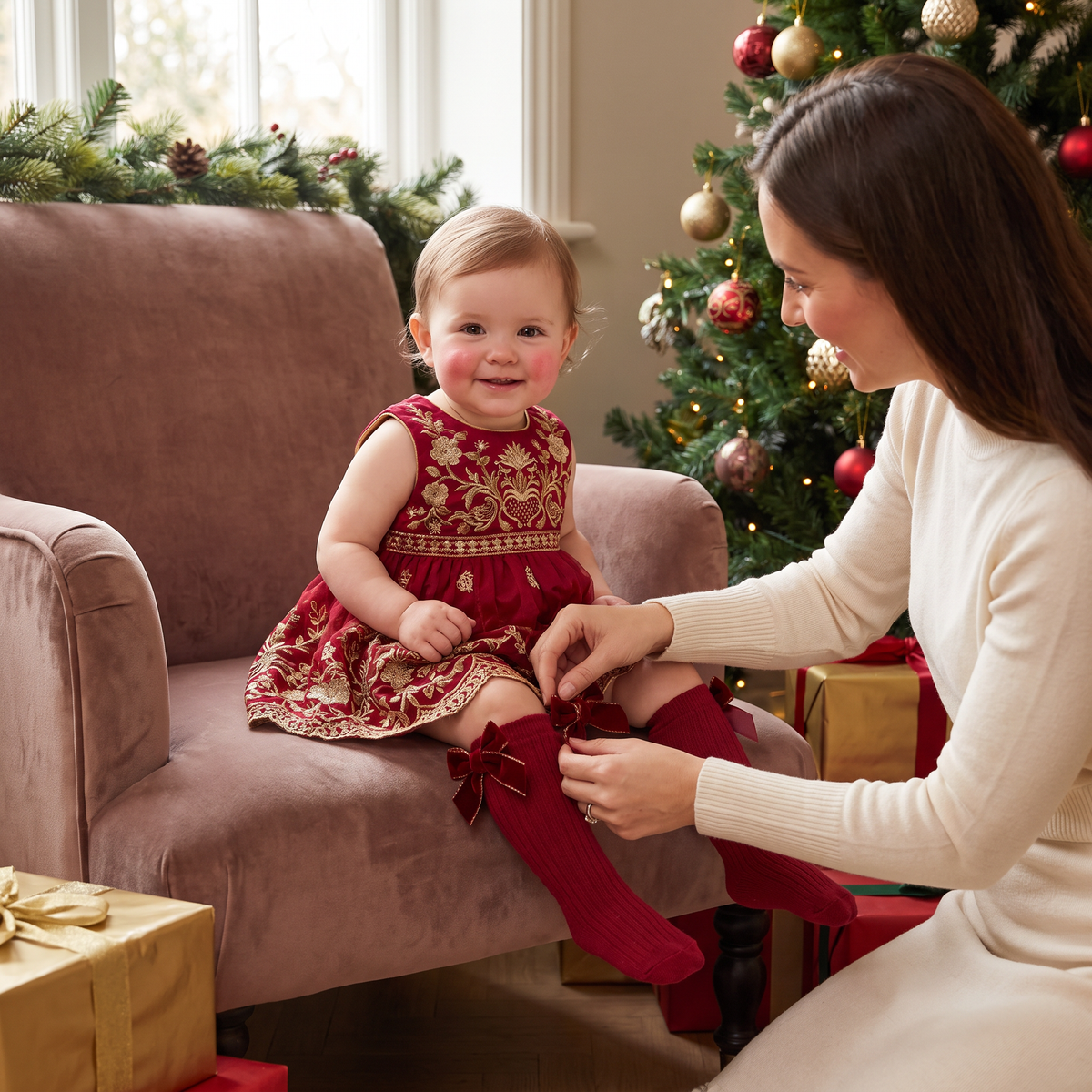Baby Girls’ Christmas Knee-High Socks with Velvet Bows