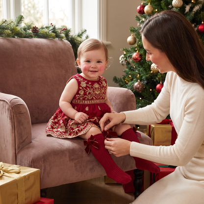 Baby Girls’ Christmas Knee-High Socks with Velvet Bows