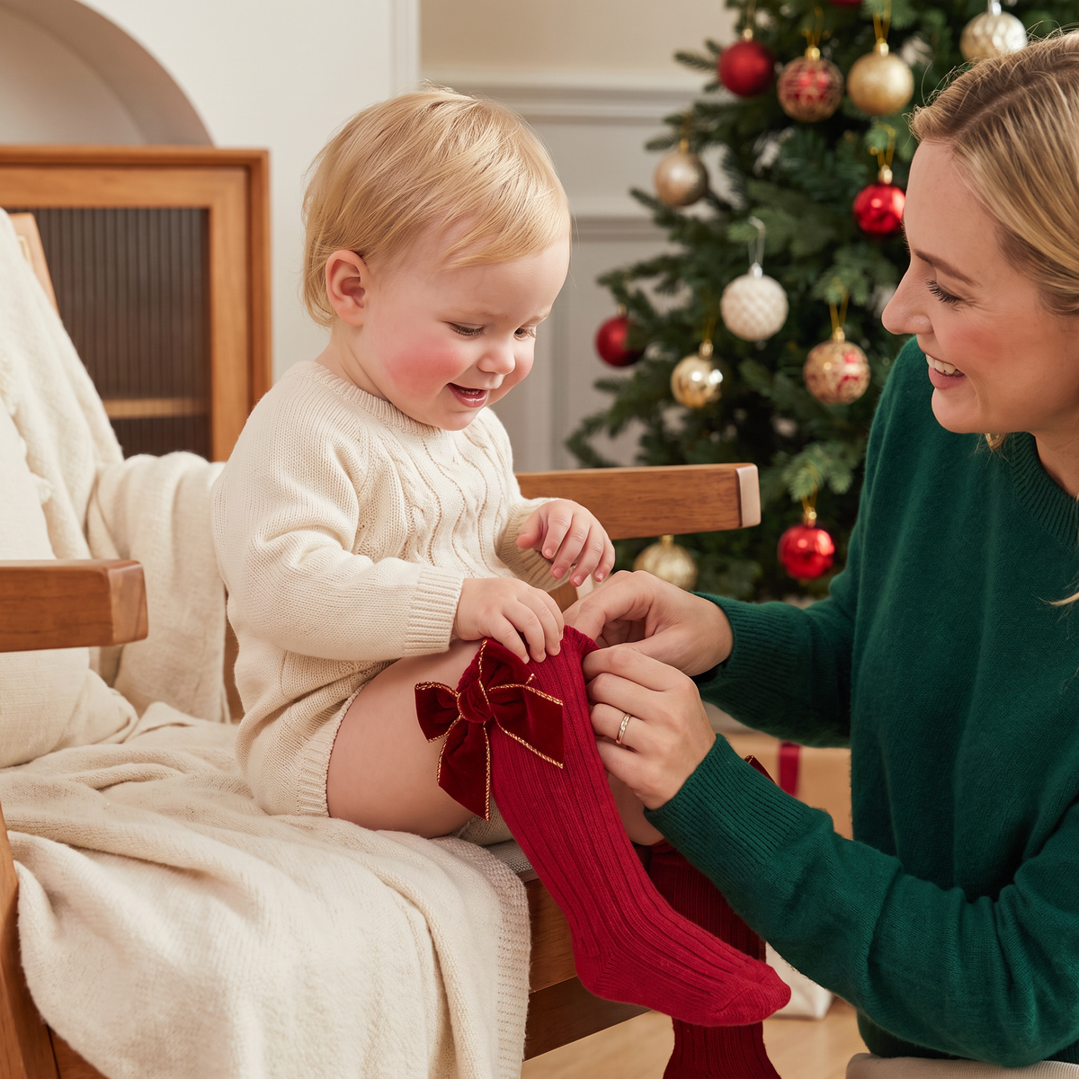 Baby Girls’ Christmas Knee-High Socks with Velvet Bows