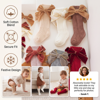 Baby Girls’ Christmas Knee-High Socks with Velvet Bows