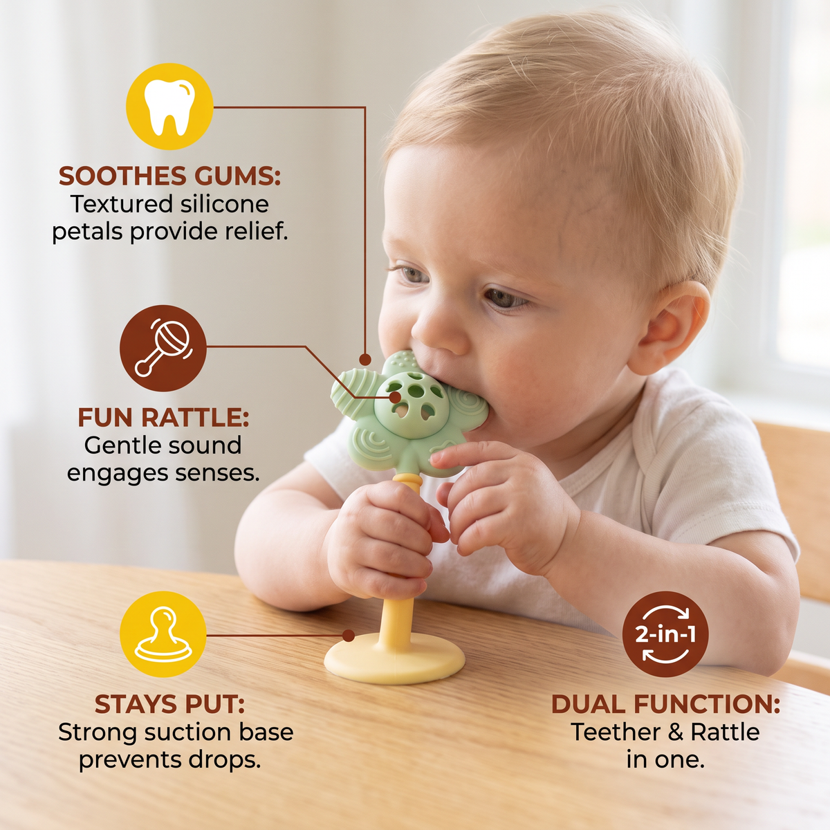 2-in-1 Sunflower Baby Teether & Rattle with Suction Base