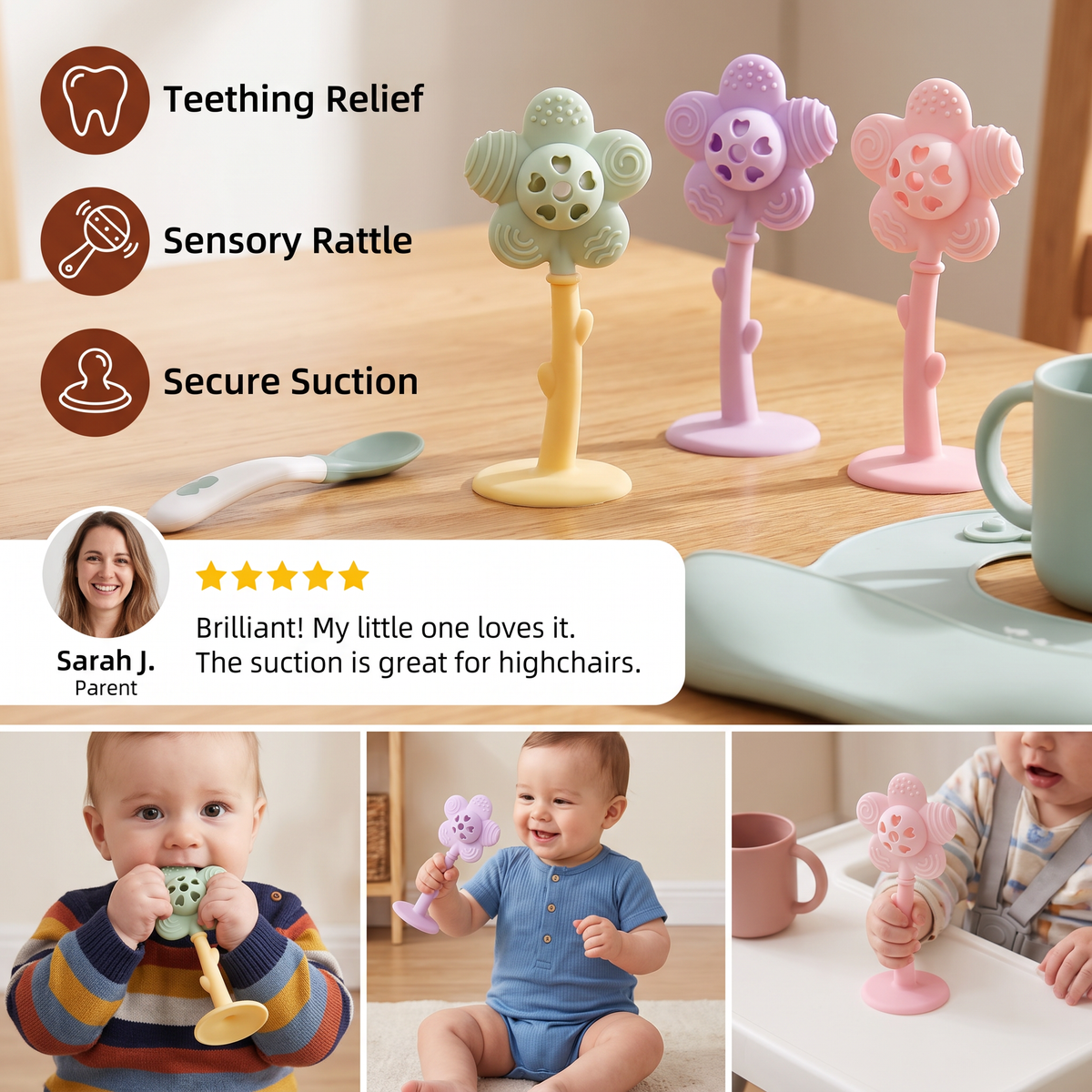 2-in-1 Sunflower Baby Teether & Rattle with Suction Base