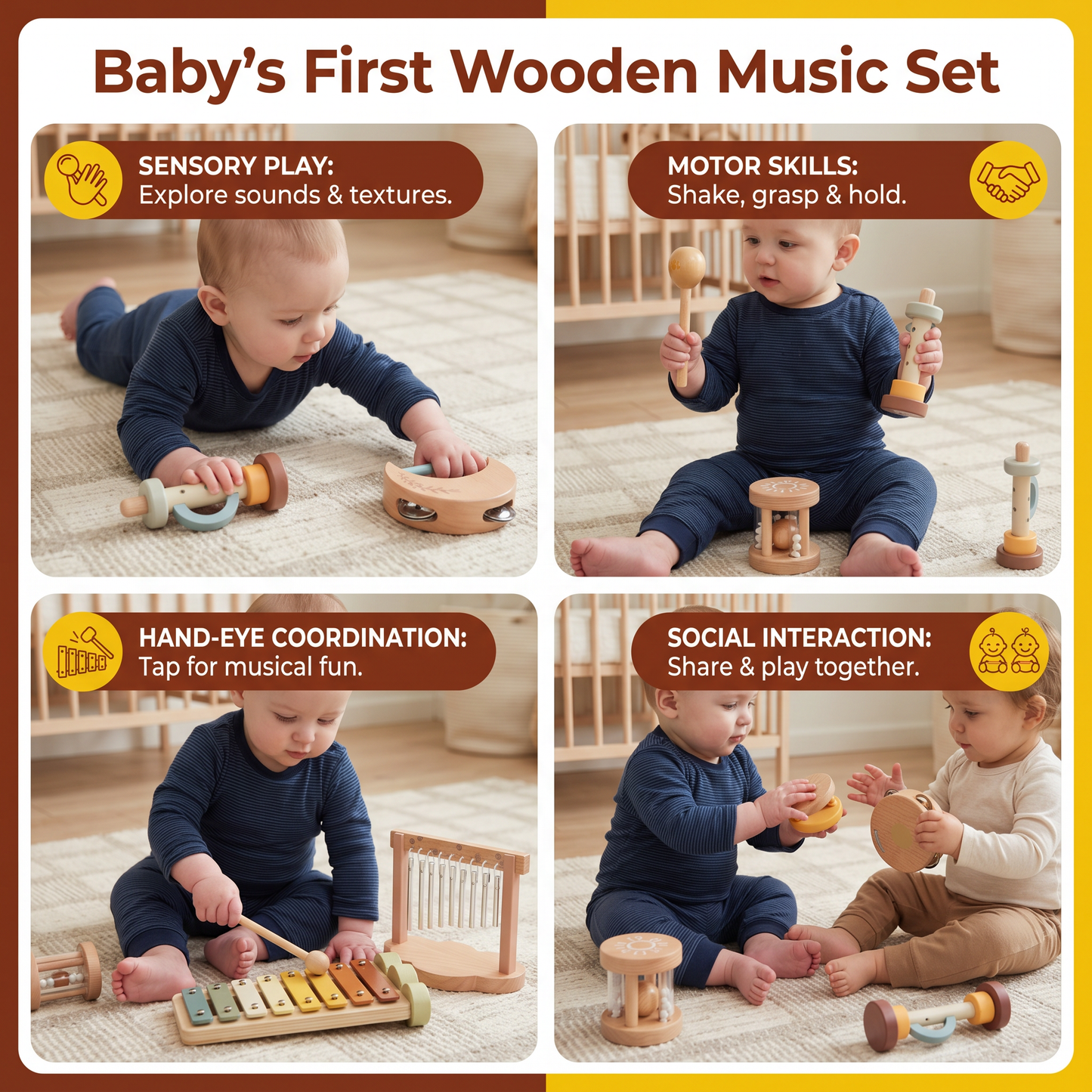 6-Piece Wooden Baby Musical Instrument Set – Sensory Sound & Music Toy