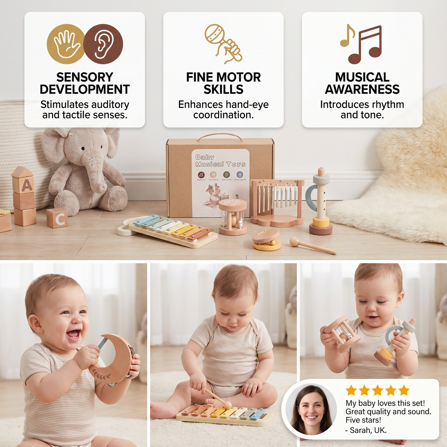 6-Piece Wooden Baby Musical Instrument Set – Sensory Sound & Music Toy