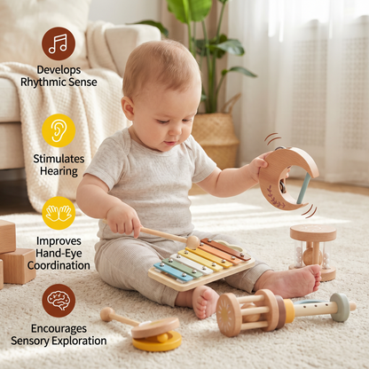 6-Piece Wooden Baby Musical Instrument Set – Sensory Sound & Music Toy