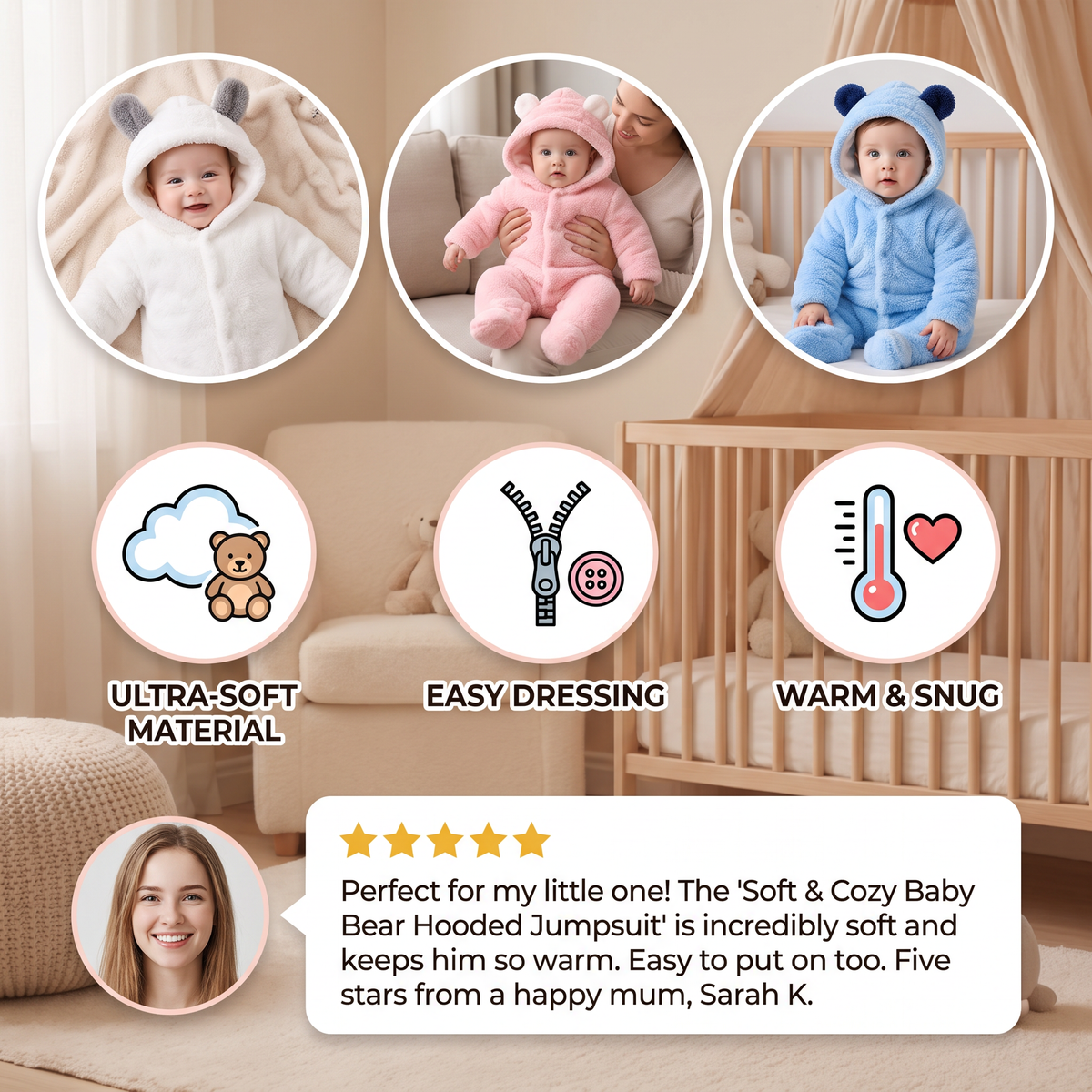 Soft & Cozy Baby Bear Hooded Jumpsuit