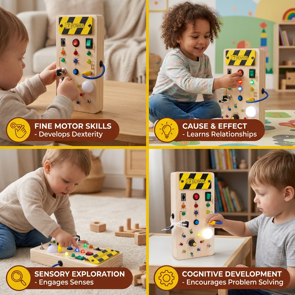Montessori Sensory Board Made of Wood with Lights & Switches – Motor Skills Toy for Children