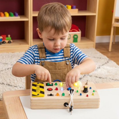 Montessori Sensory Board Made of Wood with Lights & Switches – Motor Skills Toy for Children