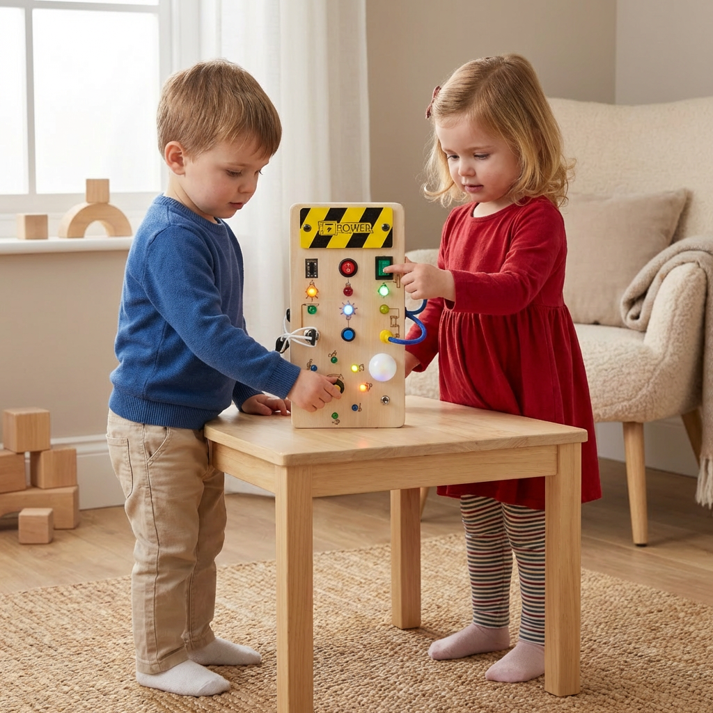 Montessori Sensory Board Made of Wood with Lights & Switches – Motor Skills Toy for Children