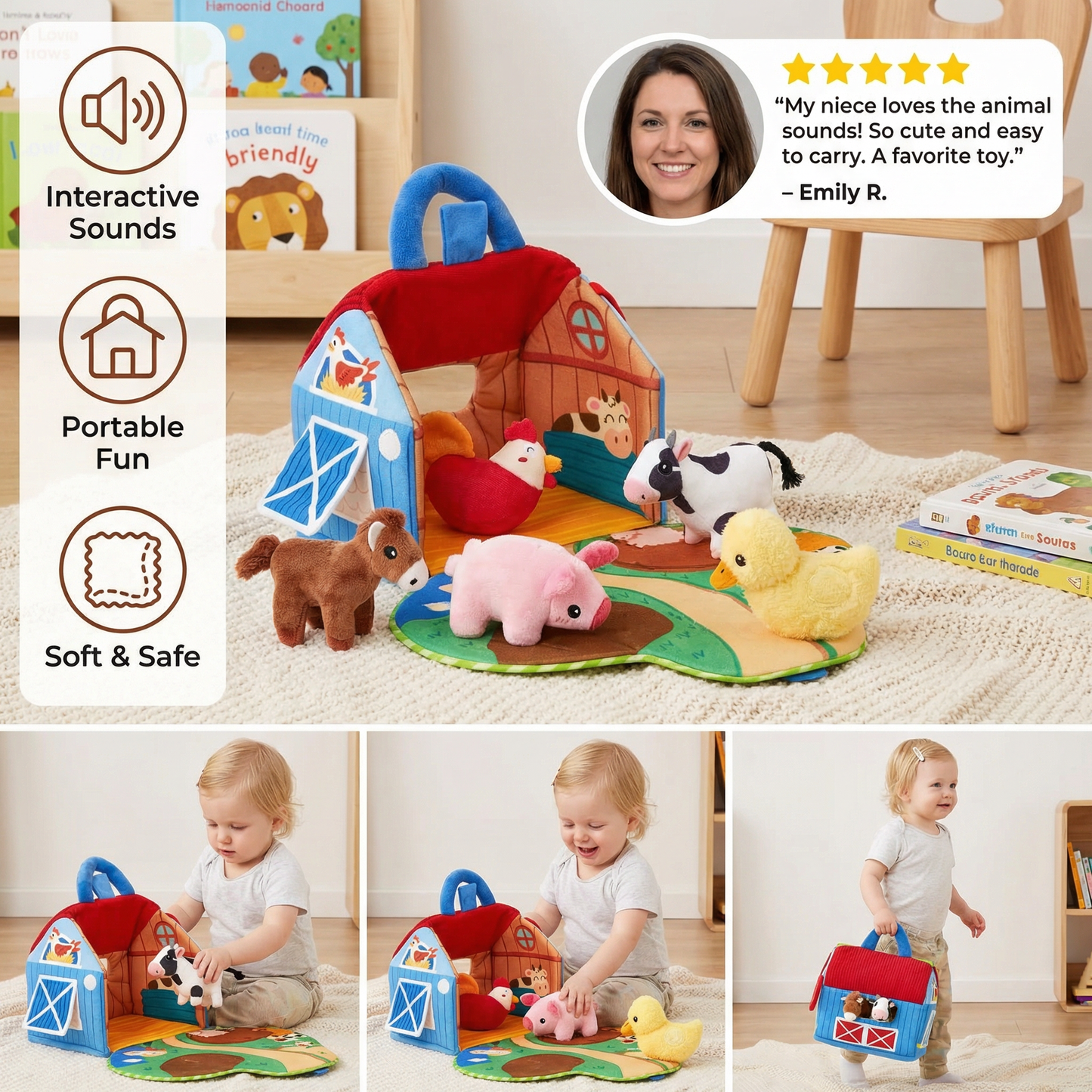 Farm Animal Plush Playset – Interactive Learning Toy with Portable Playhouse