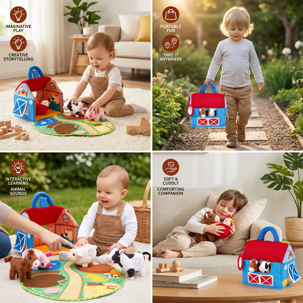 Farm Animal Plush Playset – Interactive Learning Toy with Portable Playhouse