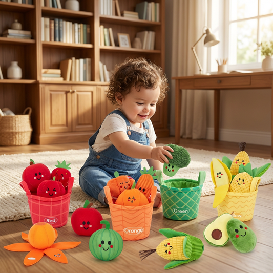 Soft Fruit & Vegetable Learning Toy for Babies – 4-Pack Color Sorting Set with Rattle and Crinkle Effect
