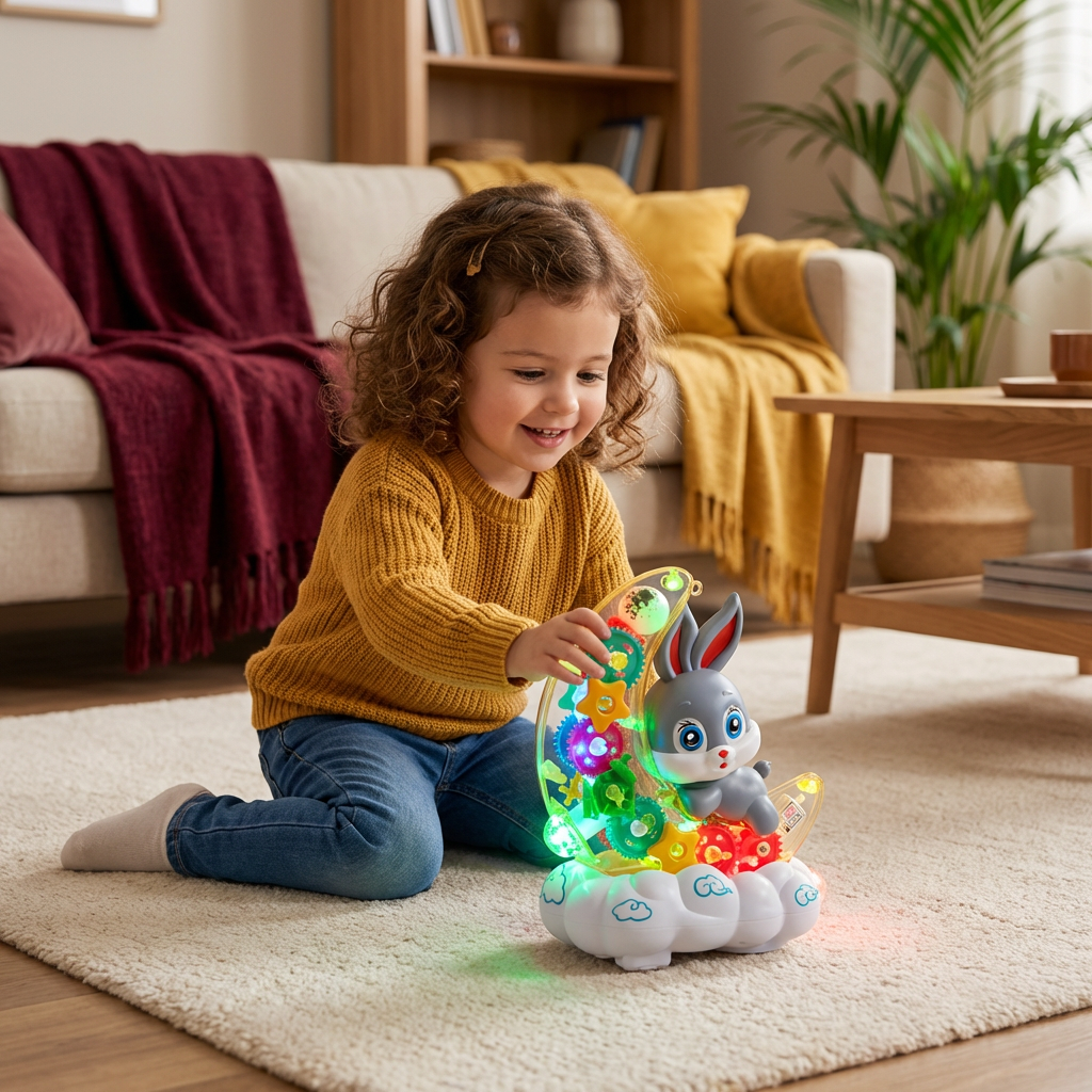 Light-Up Moon Bunny Toy – Transparent Gear Design with Music & LED Lights