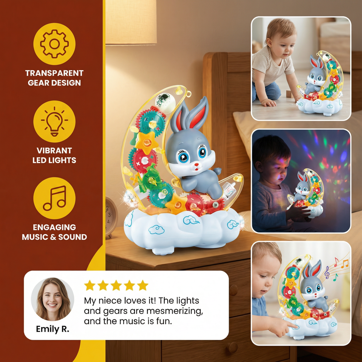 Light-Up Moon Bunny Toy – Transparent Gear Design with Music & LED Lights