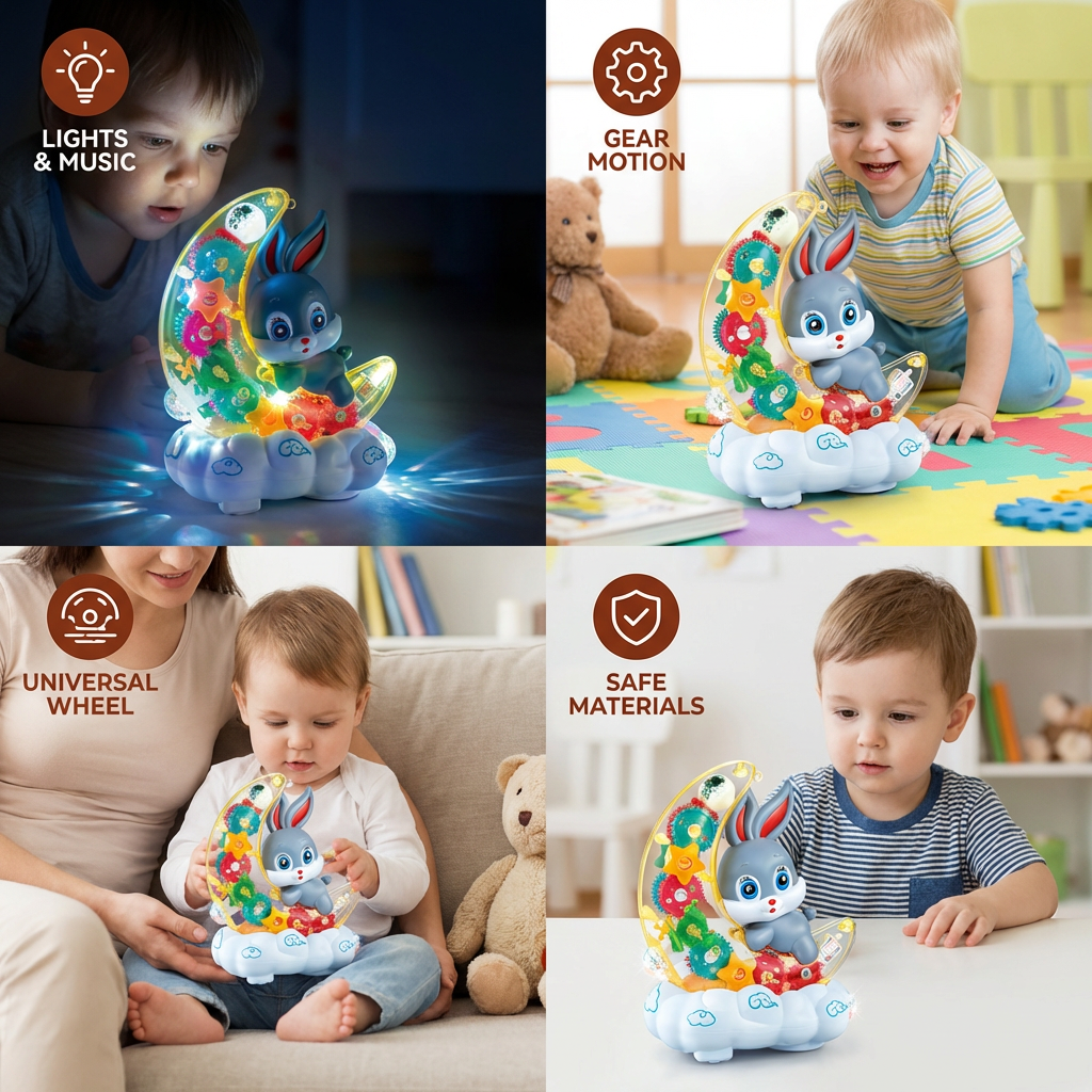 Light-Up Moon Bunny Toy – Transparent Gear Design with Music & LED Lights