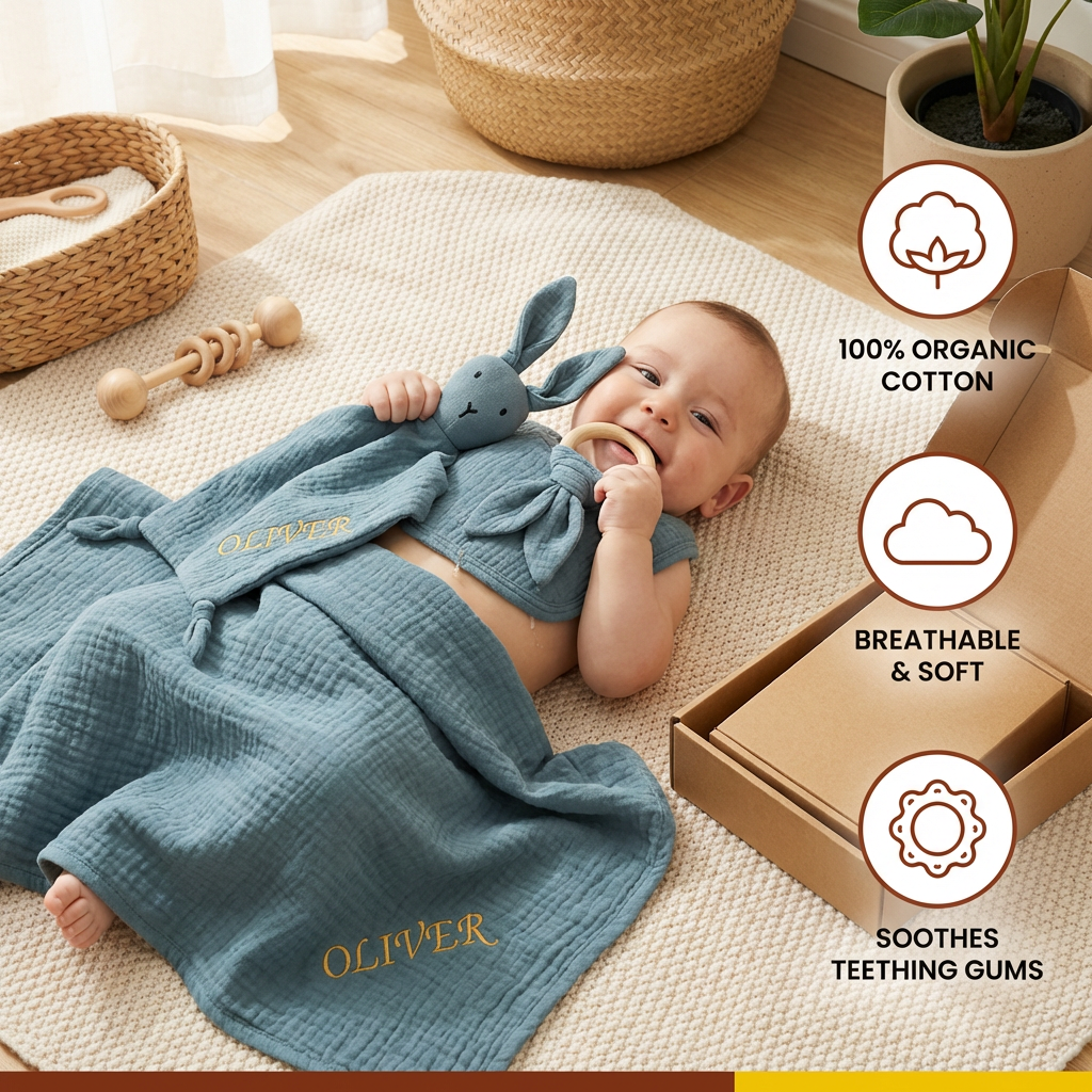 Personalized 4-Piece Newborn Gift Set – Muslin, Teething Ring & Bib (100% Cotton)