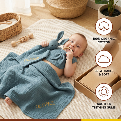 Personalized 4-Piece Newborn Gift Set – Muslin, Teething Ring & Bib (100% Cotton)