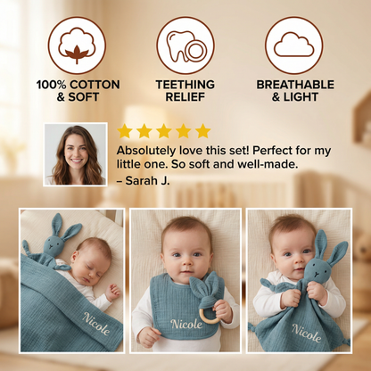 Personalized 4-Piece Newborn Gift Set – Muslin, Teething Ring & Bib (100% Cotton)