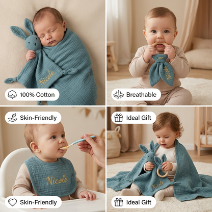 Personalized 4-Piece Newborn Gift Set – Muslin, Teething Ring & Bib (100% Cotton)