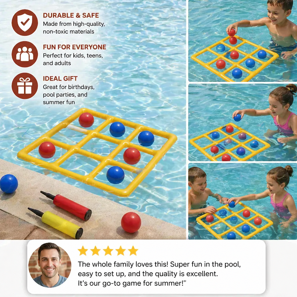 Inflatable Pool Tic-Tac-Toe Game Set – Water Party Game with Balls & Pump
