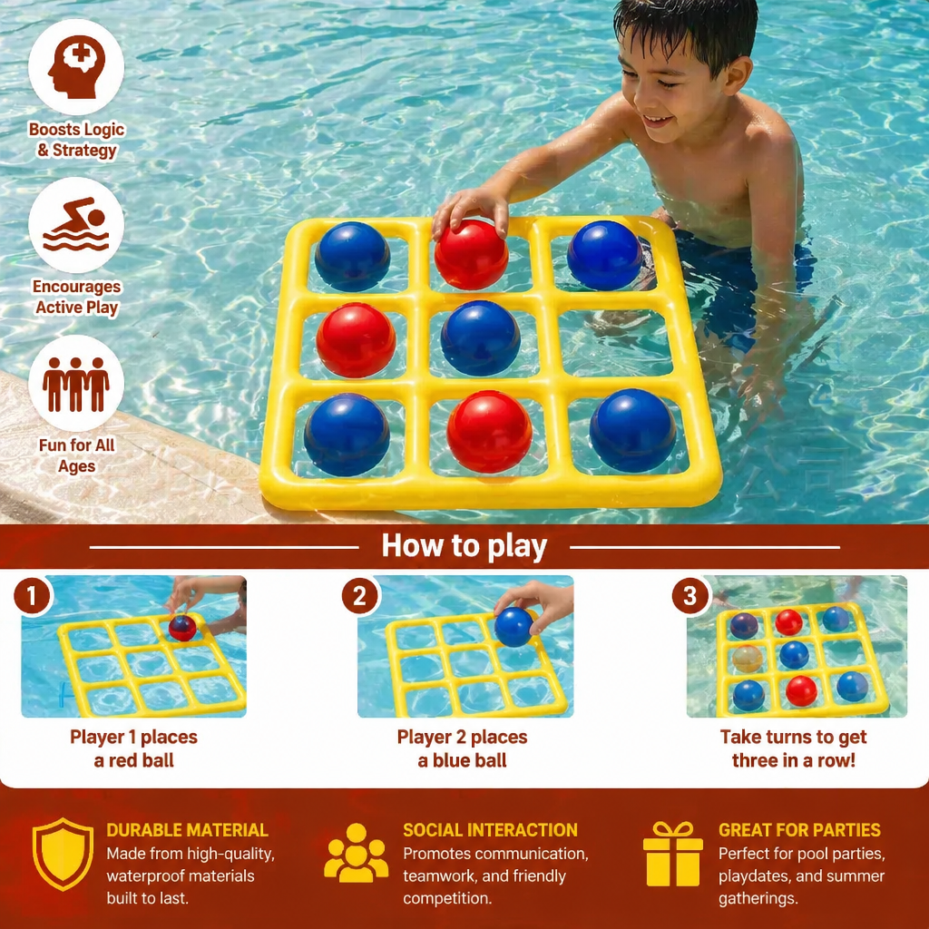 Inflatable Pool Tic-Tac-Toe Game Set – Water Party Game with Balls & Pump