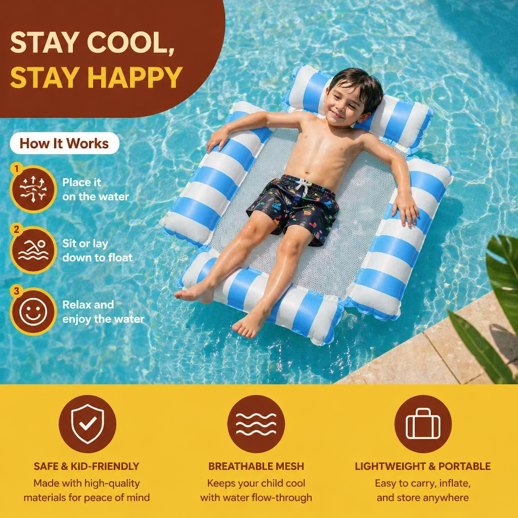 Inflatable Pool Seat for Children – Water Hammock with Mesh Surface