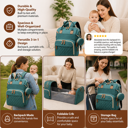 3-in-1 Travel Diaper Backpack with Foldable Baby Bed – Perfect for On-the-Go Parents