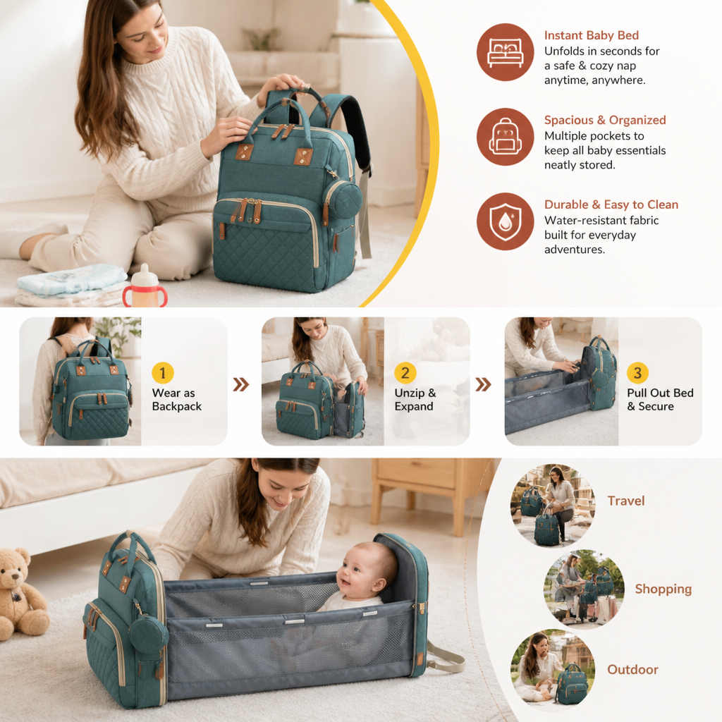 3-in-1 Travel Diaper Backpack with Foldable Baby Bed – Perfect for On-the-Go Parents
