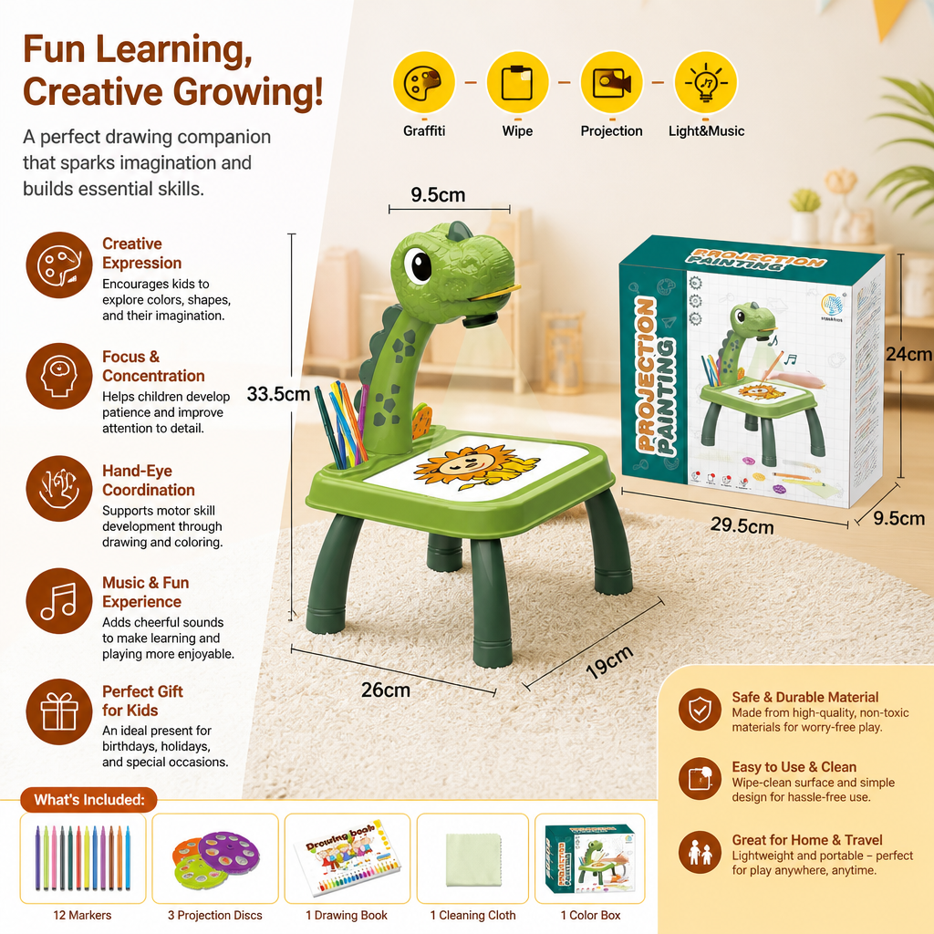 Dinosaur Projection Drawing Table for Kids with Markers and Music