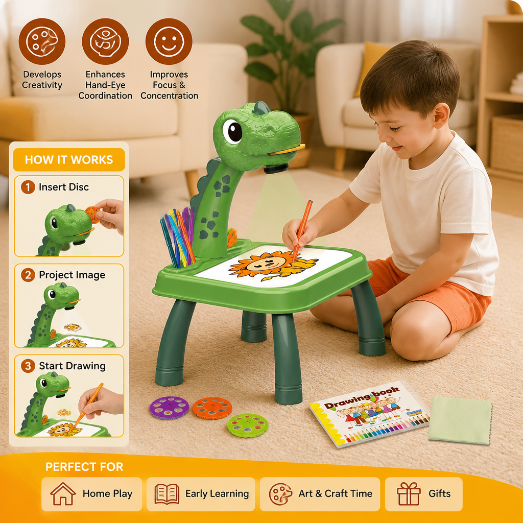 Dinosaur Projection Drawing Table for Kids with Markers and Music