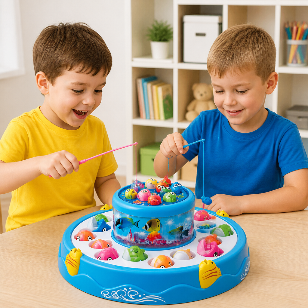 Electric Rotating Fishing Game Toy with Music and Colorful Fish