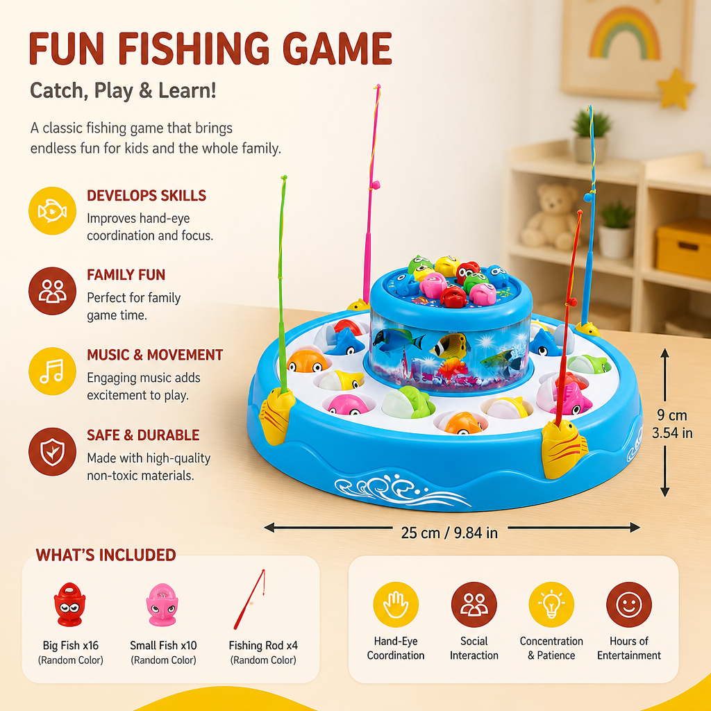 Electric Rotating Fishing Game Toy with Music and Colorful Fish