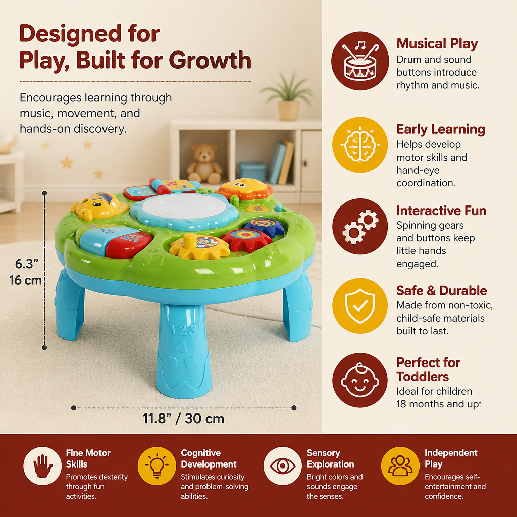 Baby Musical Activity Table Toy with Drum Gears and Animal Sounds