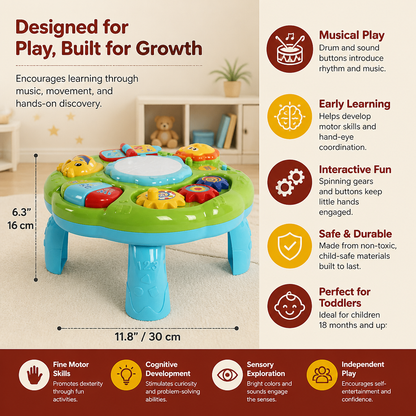 Baby Musical Activity Table Toy with Drum Gears and Animal Sounds