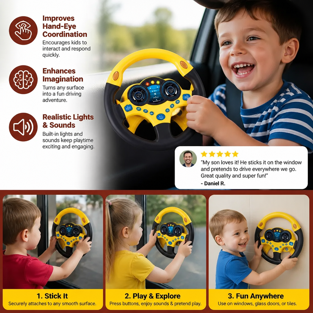 Kids Copilot Steering Wheel Toy with Suction Cup Lights and Sounds