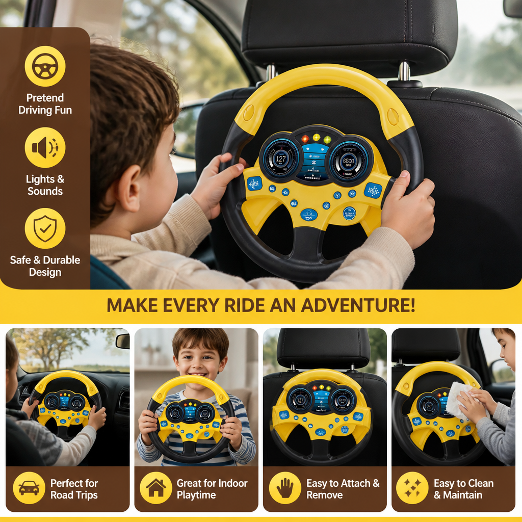 Kids Copilot Steering Wheel Toy with Suction Cup Lights and Sounds