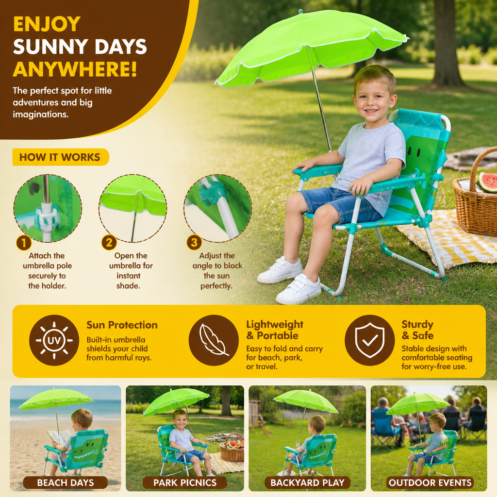 Foldable Kids Beach Chair with Umbrella and Dino Design